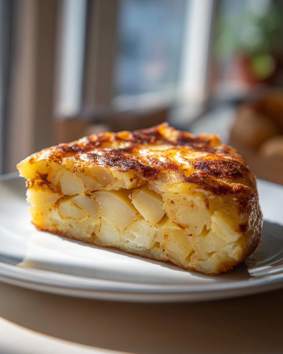 Porción de tortilla de patatas dorada servida en plato blanco como parte de recetas de tapas españolas