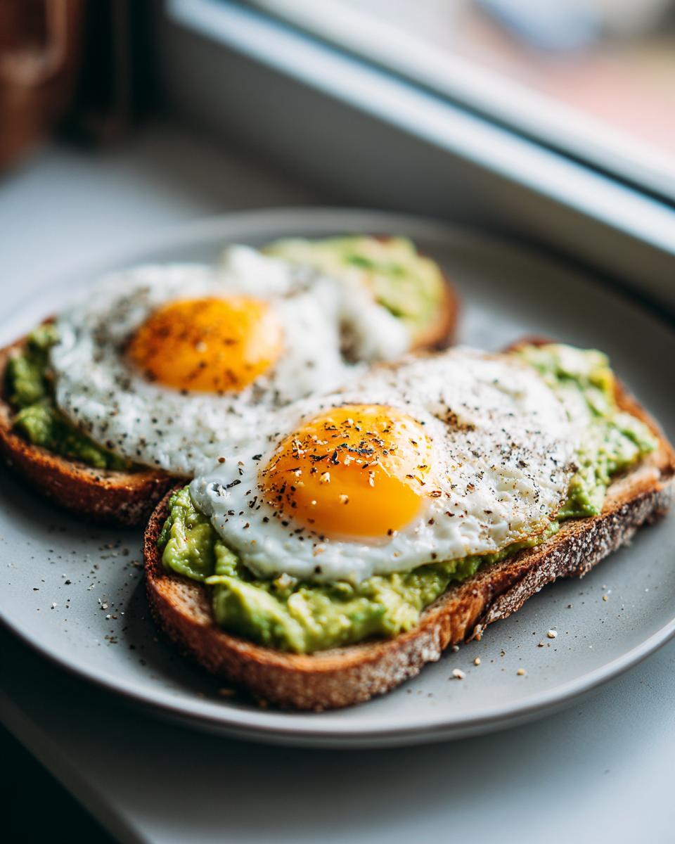 Dos tostadas con aguacate y huevo frito espolvoreadas con pimienta negra en un plato gris