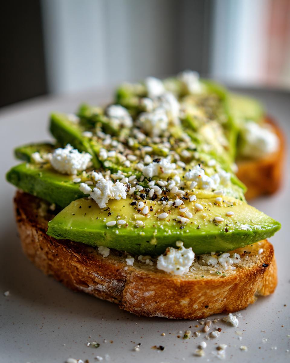 Tostada salada para cenar con aguacate, queso blanco y semillas variadas en primer plano.