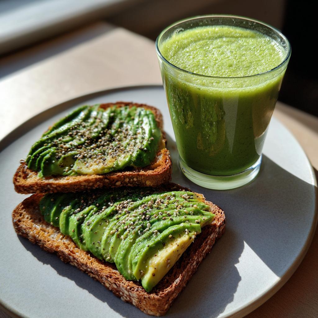 Dos tostadas con aguacate en rodajas y semillas junto a un batido verde en vaso, desayuno saludable y rápido.