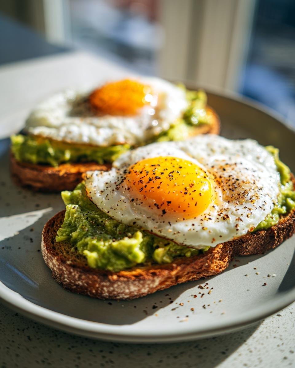 Tostadas con aguacate machacado y huevos fritos con pimienta negra