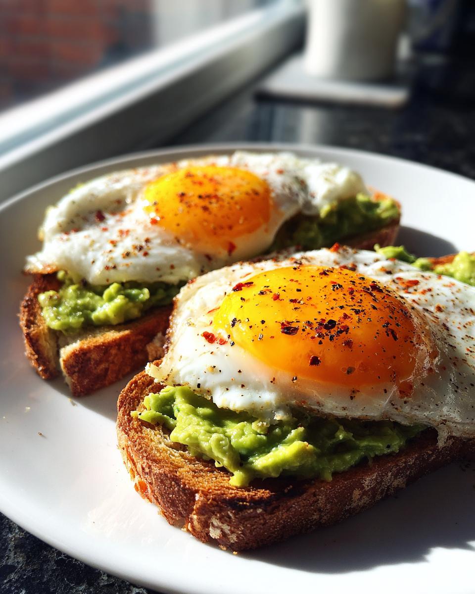 Tostadas integrales con aguacate triturado y huevo frito con pimienta roja.