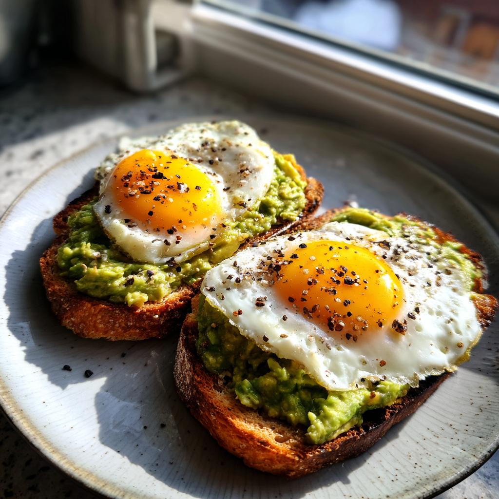 Tostadas con aguacate triturado y huevo frito con pimienta negra en un plato blanco.