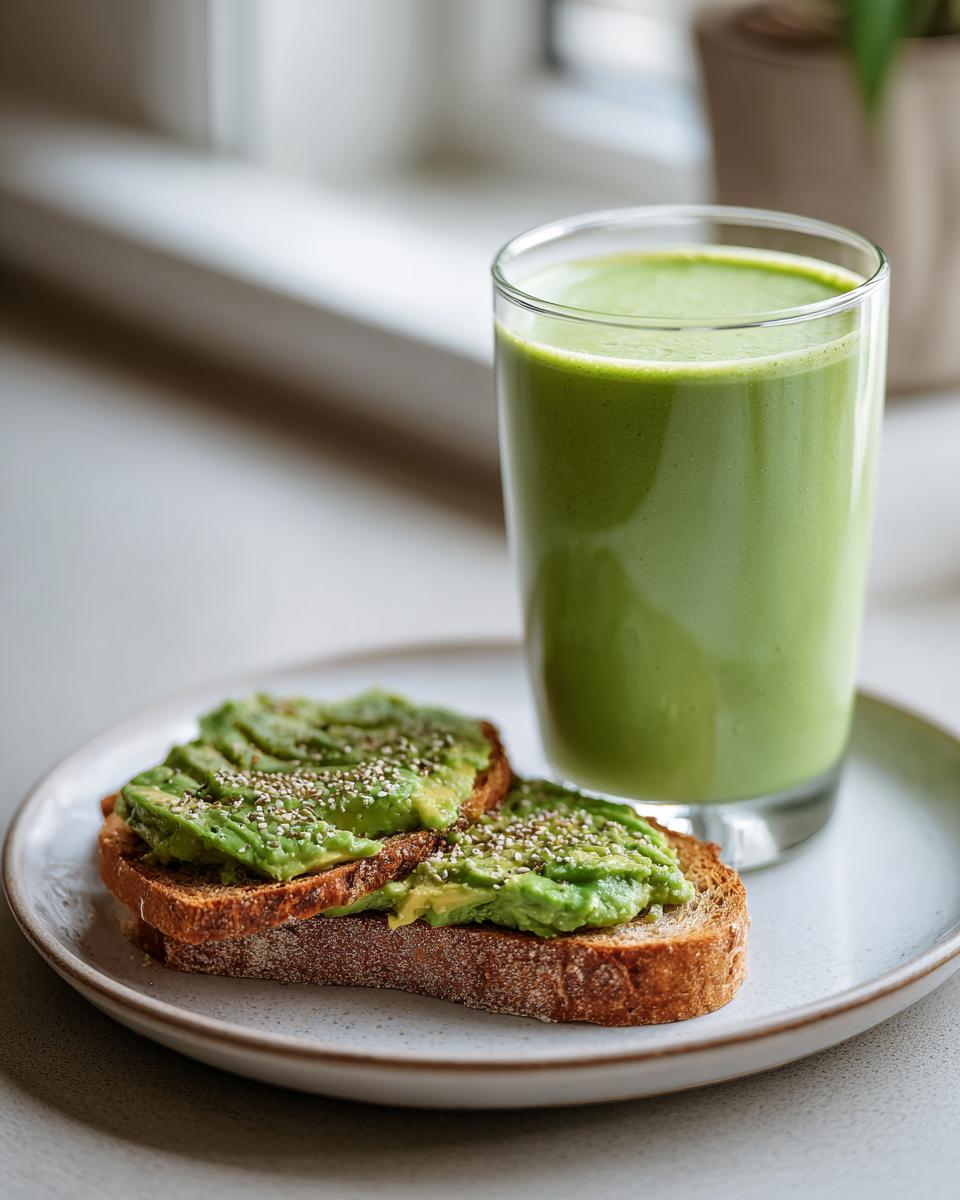 Tostadas integrales con aguacate y semillas junto a un vaso de smoothie verde saludable y rápido
