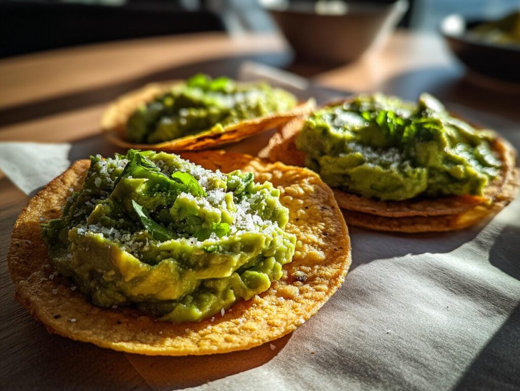 Tostadas de aguacate fáciles con puré de aguacate, sal y cilantro en tortillas crujientes