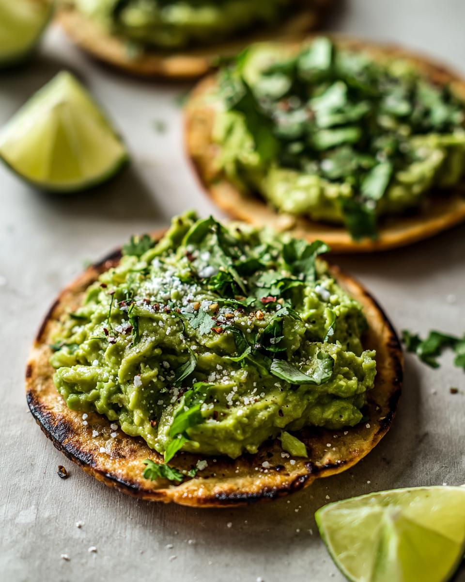 Tostada de aguacate fácil con aguacate machacado, cilantro fresco y trozos de lima al lado