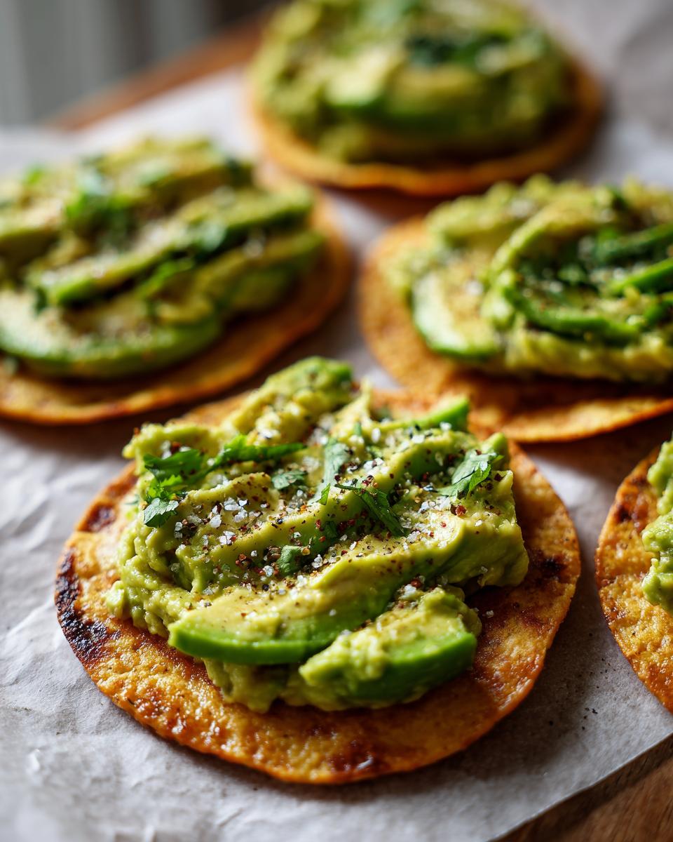 Tostadas de aguacate fáciles con aguacate machacado y en rodajas, cilantro y pimienta negra en tostadas crujientes.