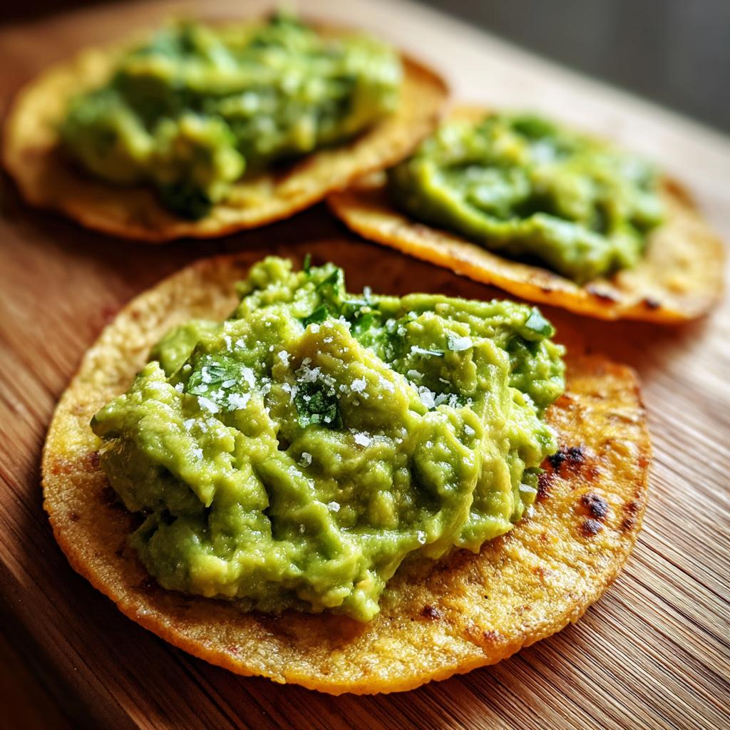 Tostadas de aguacate fáciles con guacamole sobre tortillas tostadas y espolvoreadas con sal