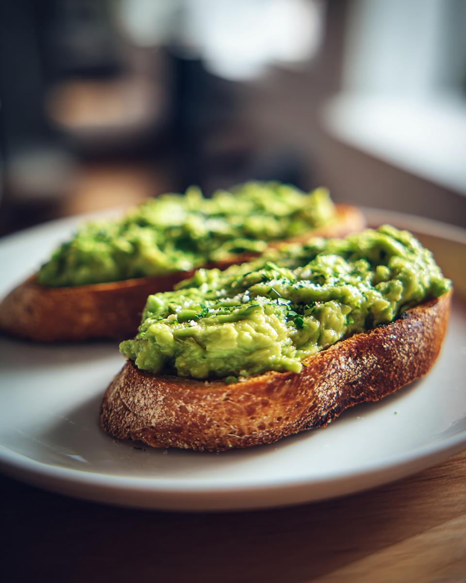 Tostadas de aguacate fáciles con aguacate triturado en pan tostado sobre plato blanco