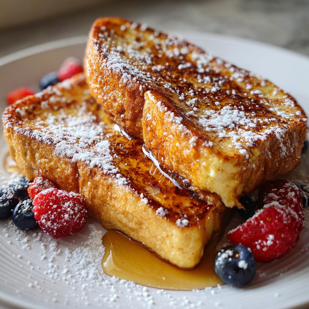 Tostadas francesas doradas con azúcar glas, frutas frescas y jarabe en un plato blanco.