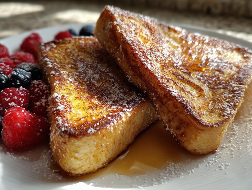 Tostadas francesas doradas con azúcar glas y frutos rojos frescos para recetas para brunch de invierno