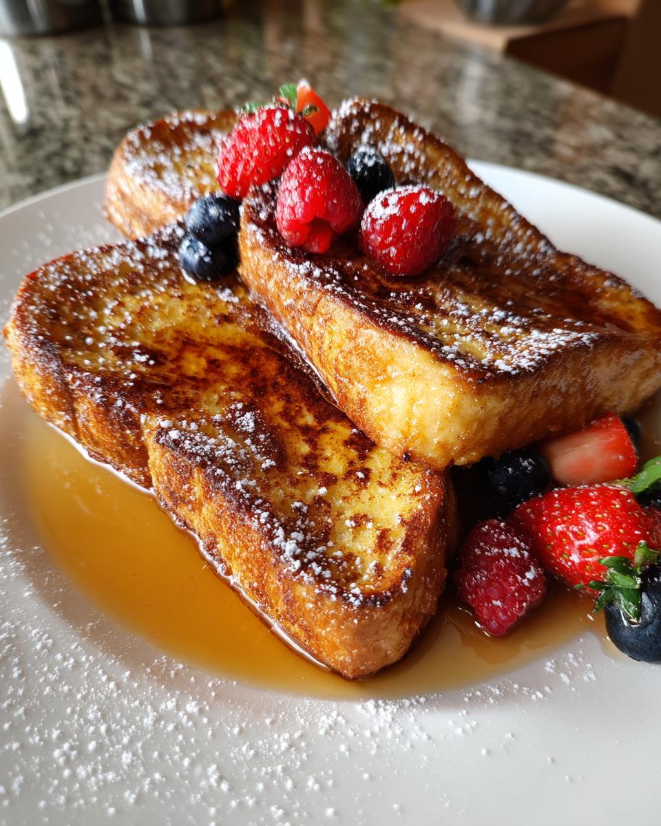 Tostadas francesas con frutas frescas y azúcar impalpable en plato blanco.