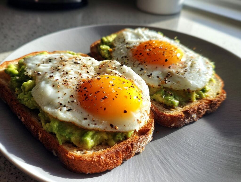 Dos tostadas con aguacate y huevo frito con pimienta negra sobre plato gris.