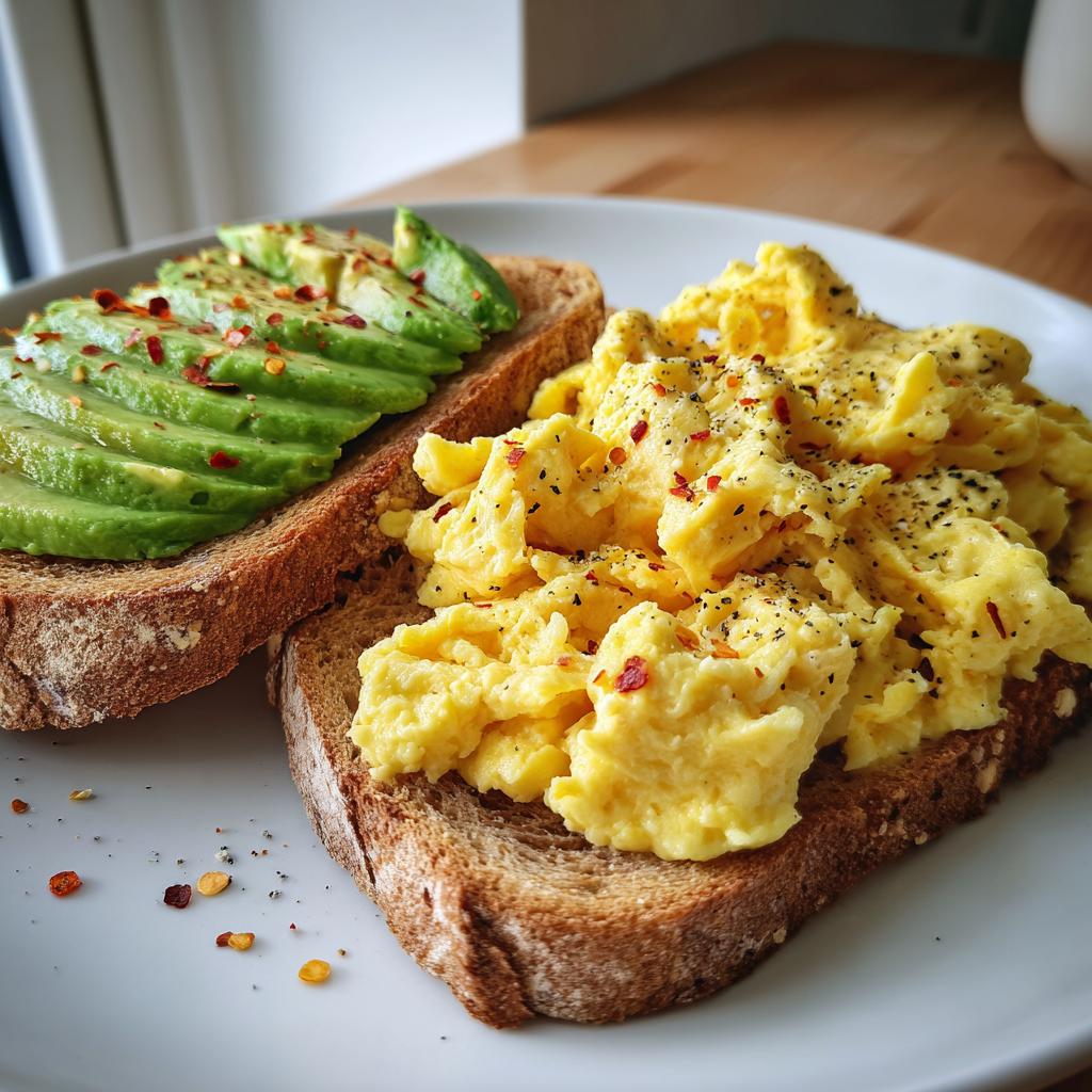 Tostadas integrales con huevo revuelto y aguacate, ideal para ideas de brunch en casa.