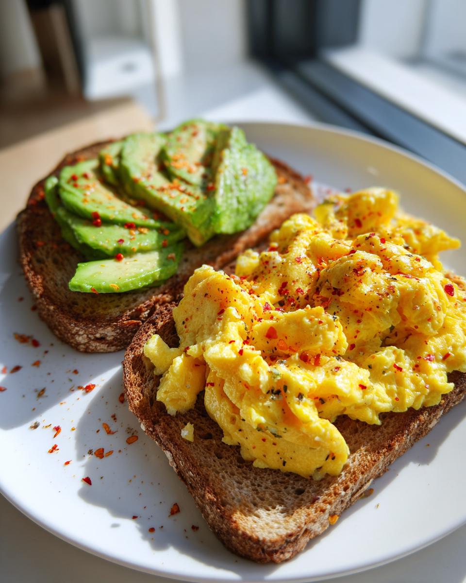 Tostadas con huevo revuelto y aguacate con especias sobre plato blanco.