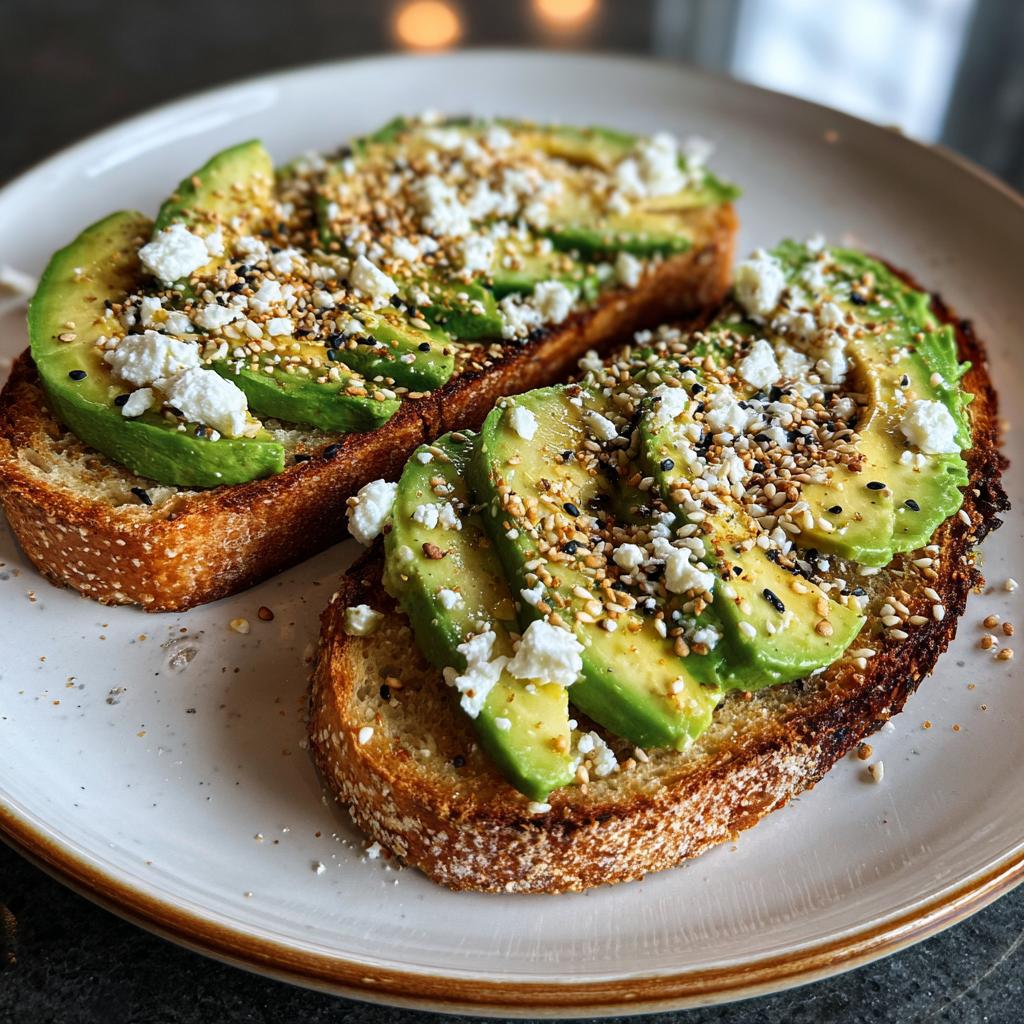 Tostadas saladas para cenar con aguacate en rodajas, queso desmenuzado y semillas sobre pan tostado dorado.