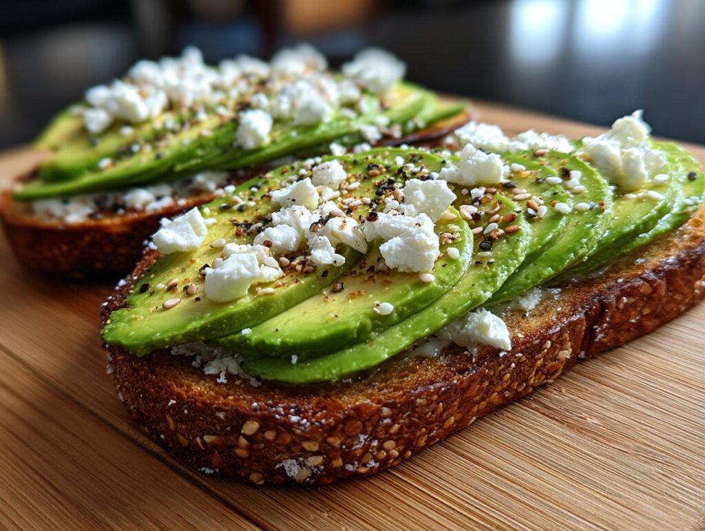 Tostadas saladas para cenar cubiertas con aguacate en rodajas y queso fresco en tabla de madera