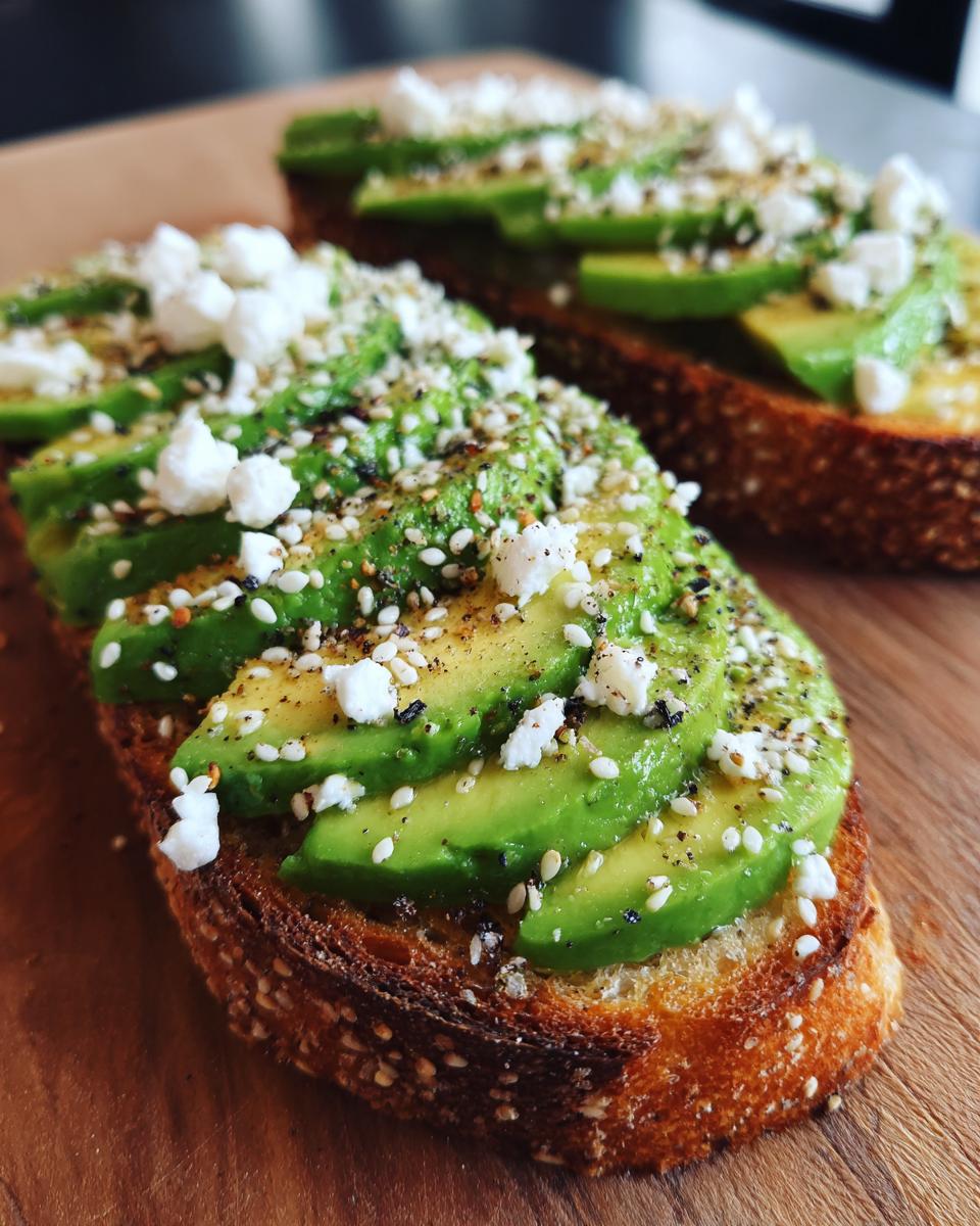 Tostadas saladas para cenar con rebanadas de aguacate, queso desmoronado y semillas sobre pan tostado