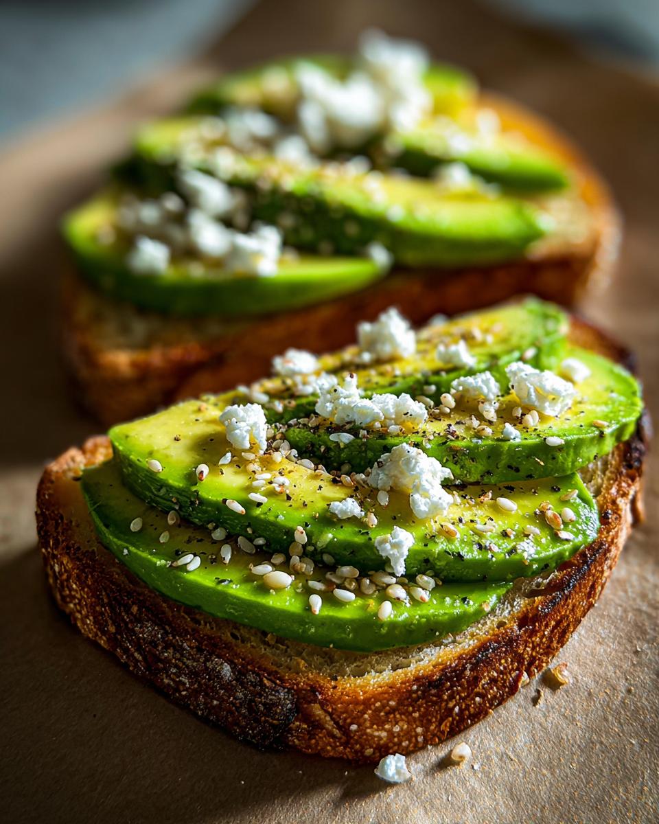 Tostadas saladas para cenar con aguacate en rodajas, queso fresco y semillas sobre pan tostado