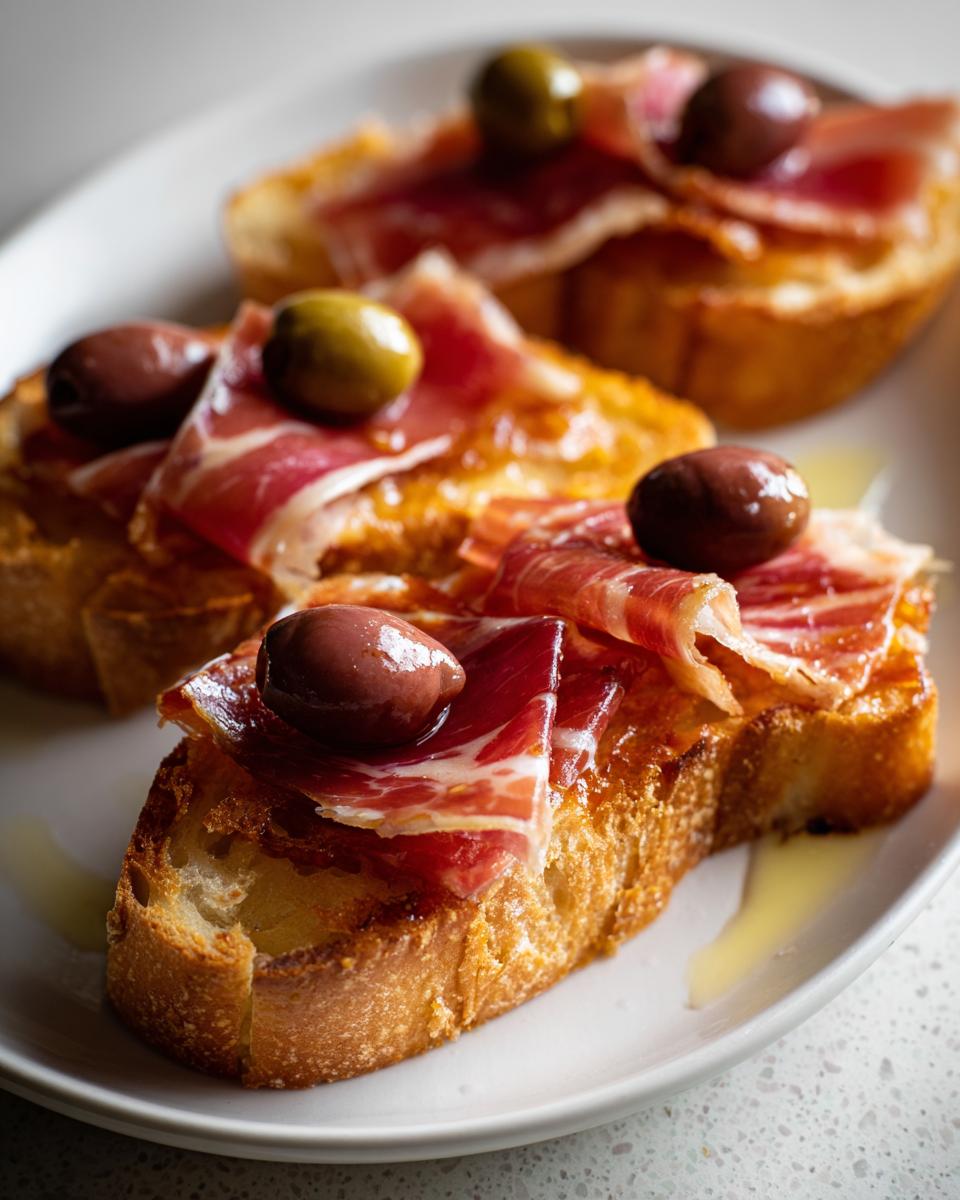 Tostas con jamón ibérico y aceitunas, una tapa española fácil y deliciosa