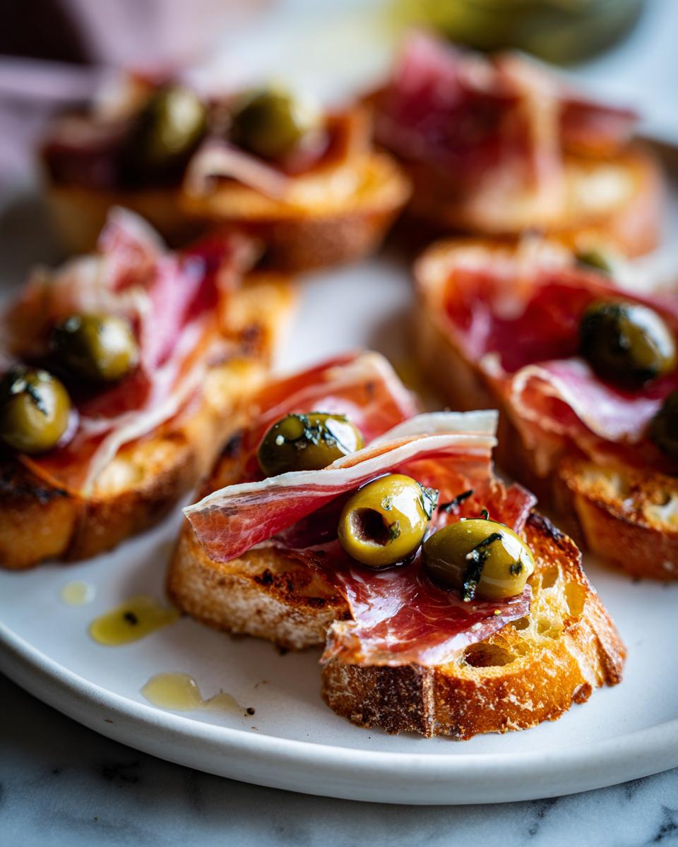 Tostas de pan con jamón serrano y aceitunas verdes en un plato blanco, tapas españolas fáciles.