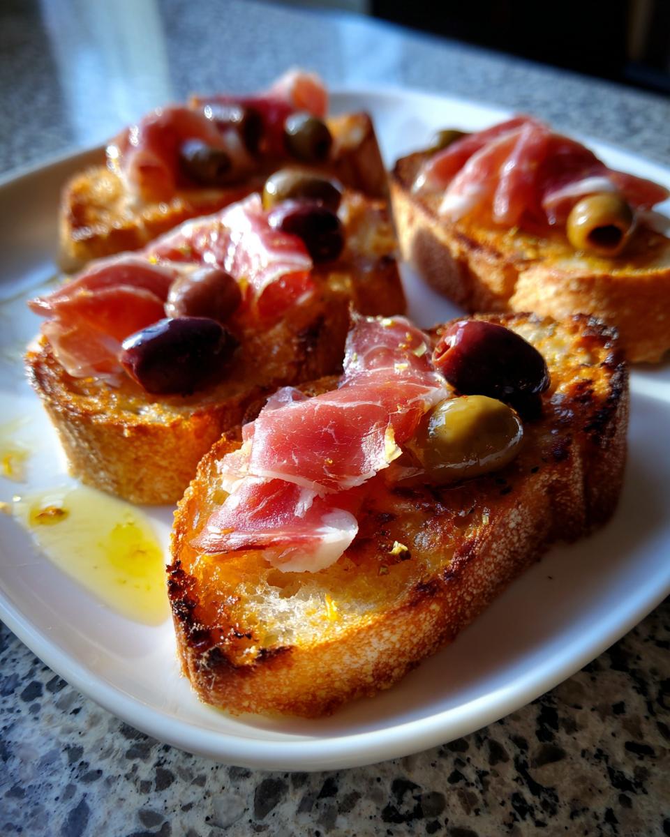Tostas con jamón y aceitunas servidas en un plato blanco, una tapa española fácil y deliciosa.