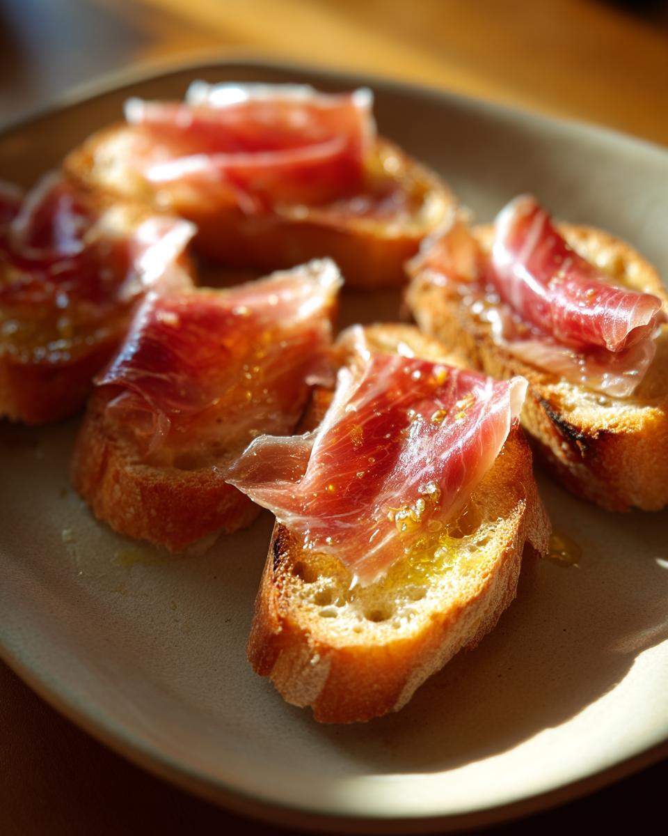 Tostas de pan con jamón ibérico y aceite de oliva, tapas caseras sencillas deliciosas