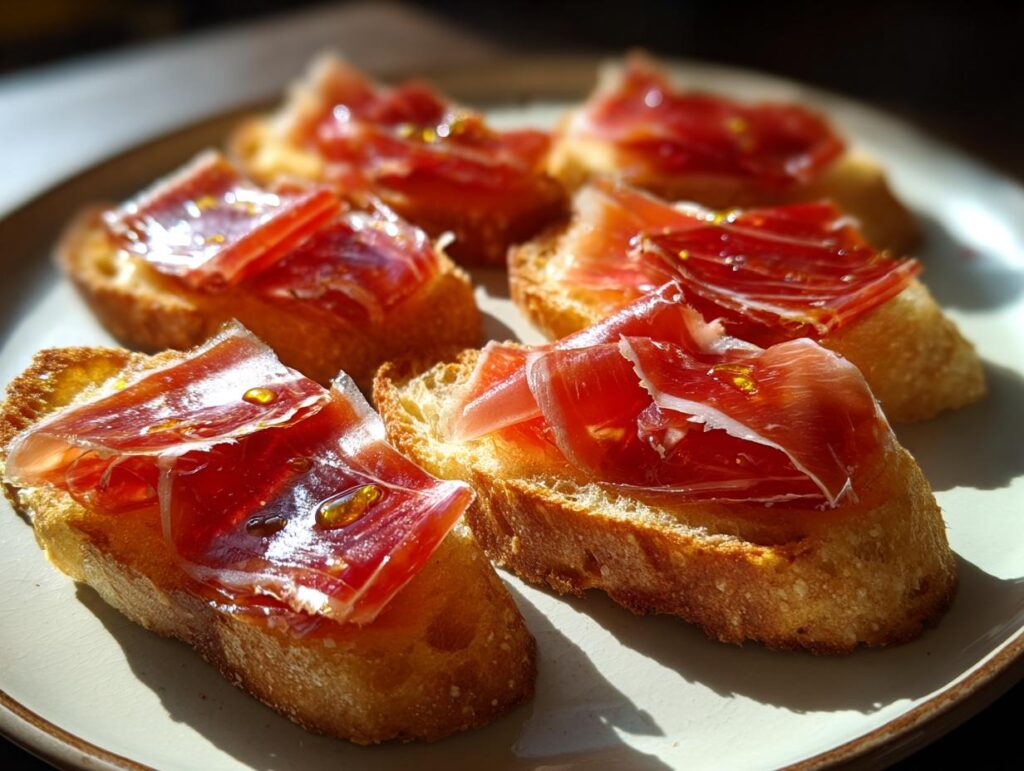 Tostas con jamón serrano sobre plato blanco, tapas caseras sencillas y apetitosas