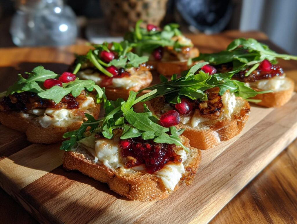 Tostas con queso derretido, mermelada y arúgula para recetas de aperitivos románticos