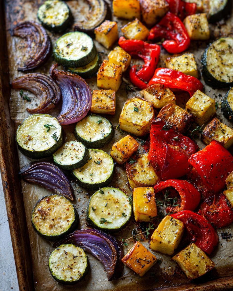 Verduras al horno con calabacín, pimientos, cebolla morada y calabaza en bandeja de horno