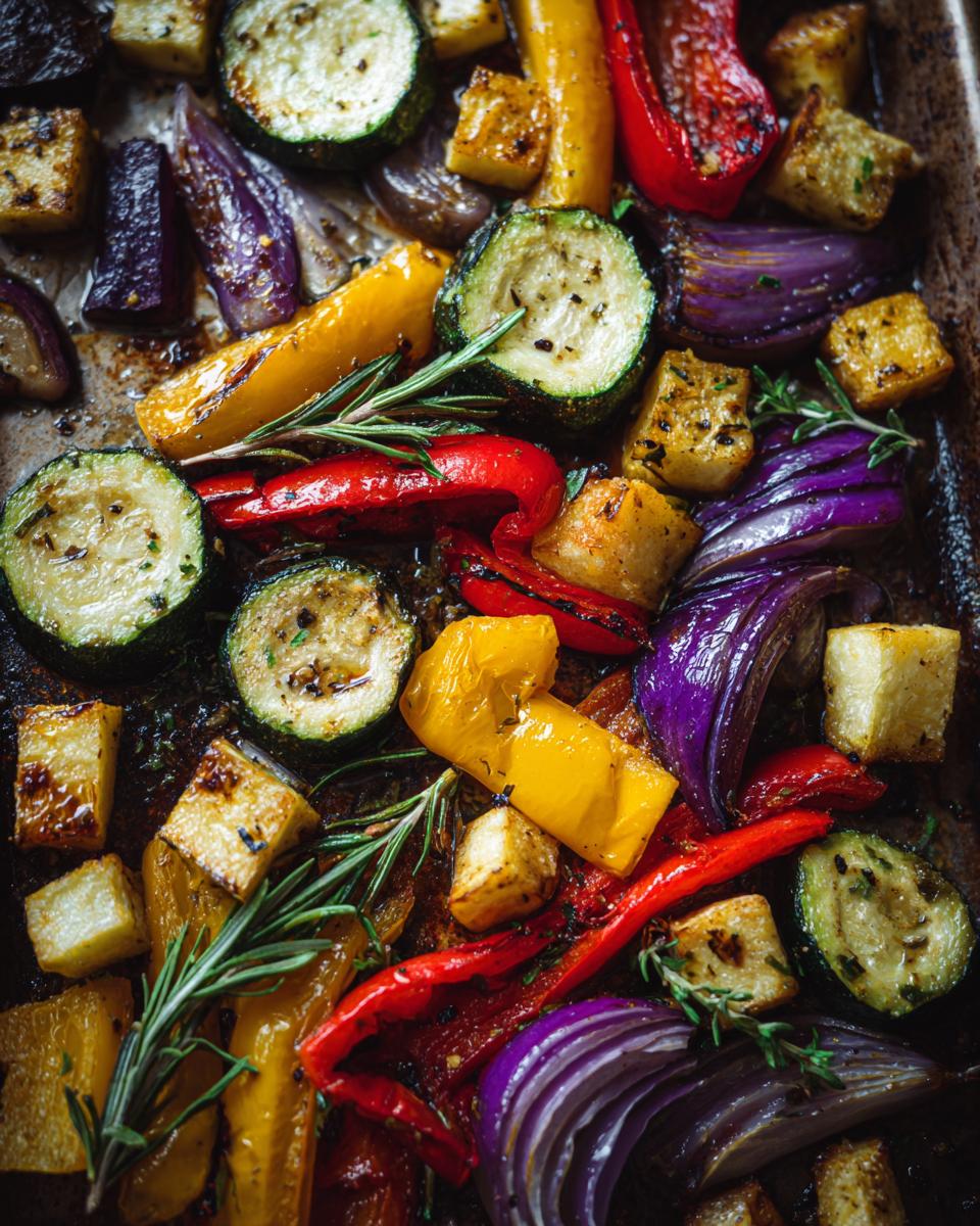Verduras al horno con hierbas como romero, pimientos, calabacín y cebolla morada.