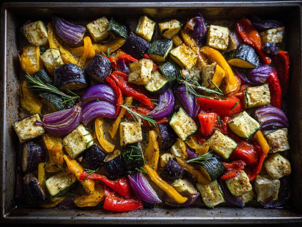 Bandeja con verduras al horno con hierbas como pimientos, cebolla y calabacín