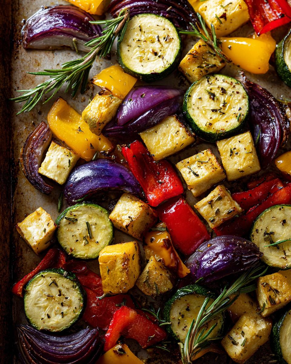 Verduras al horno con hierbas con calabacines, pimientos, cebolla morada y romero