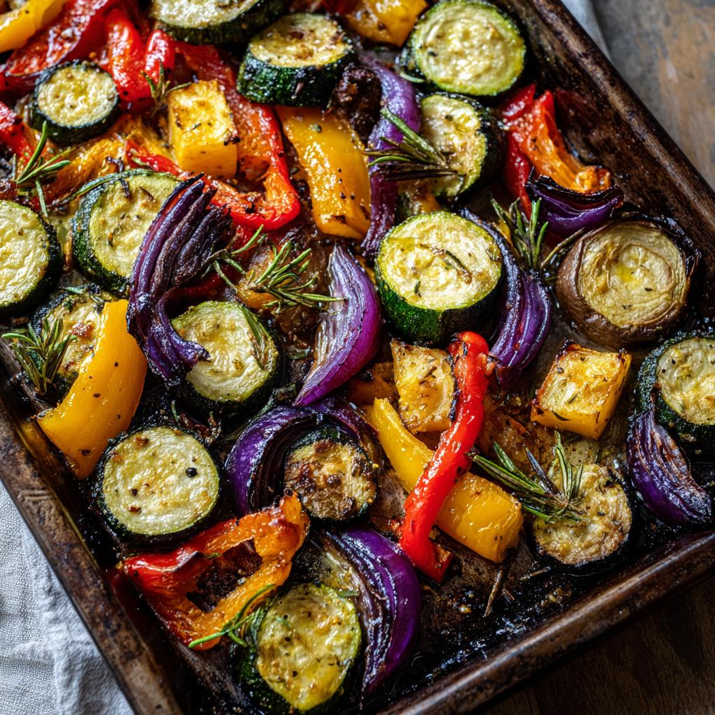 Verduras al horno con hierbas, incluyendo calabacín, pimientos y cebolla morada en bandeja
