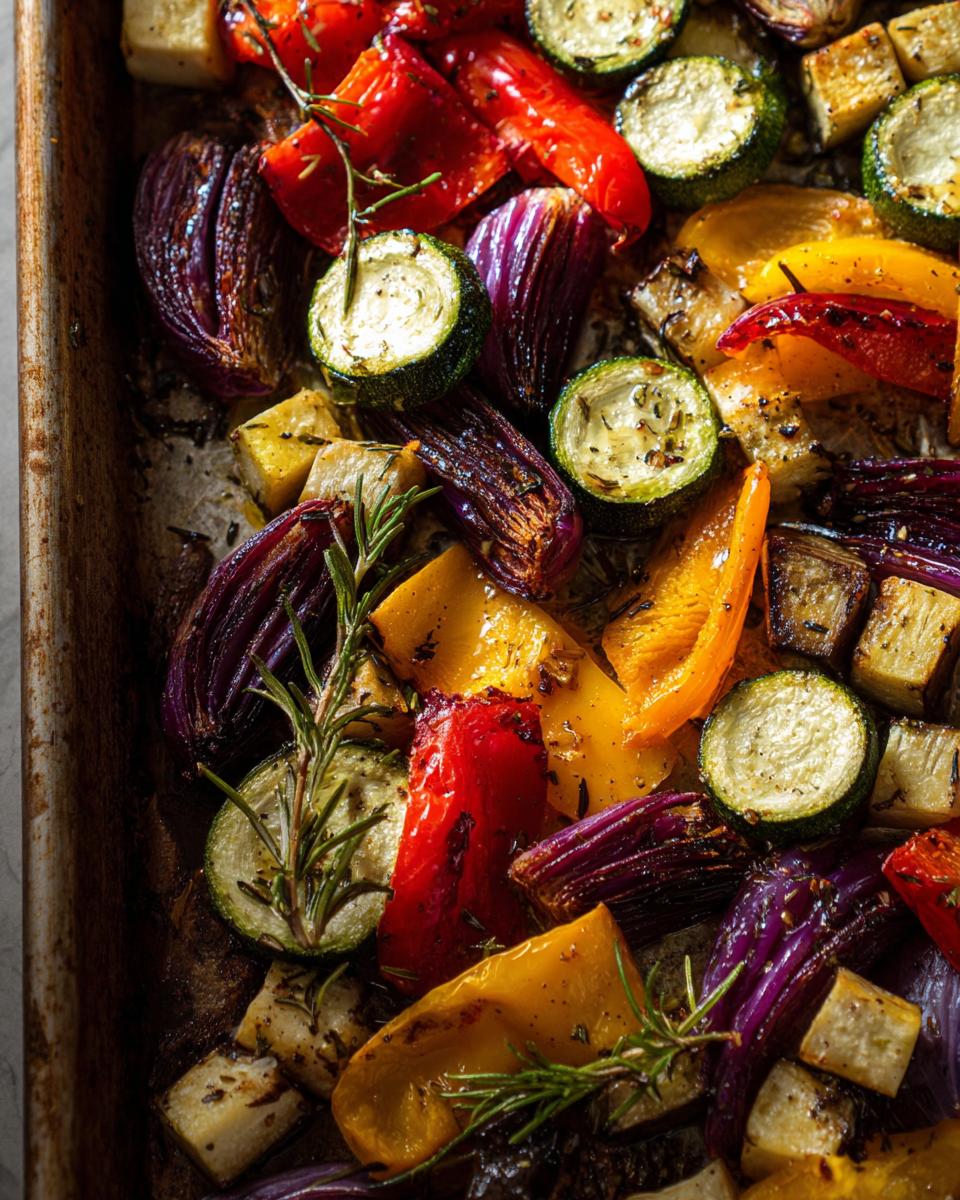 Verduras al horno con hierbas asadas en bandeja, incluyendo calabacín, pimientos y cebolla morada.