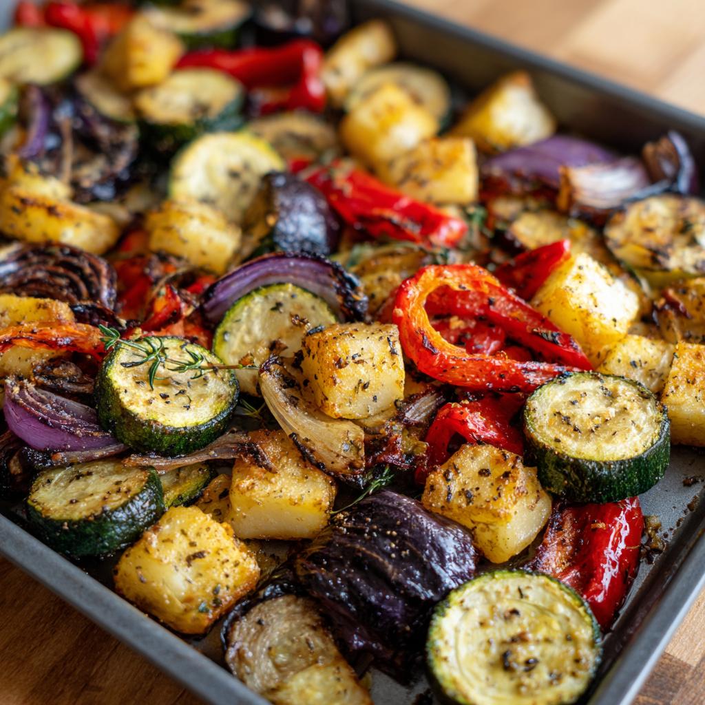 Bandeja con verduras al horno variadas como calabacín, pimientos y cebolla morada