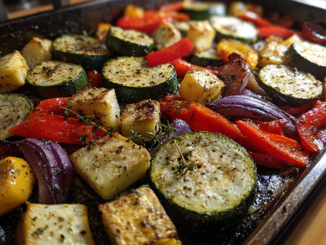 Bandeja con verduras al horno como calabacín, pimientos, cebolla y patatas, sazonadas con hierbas