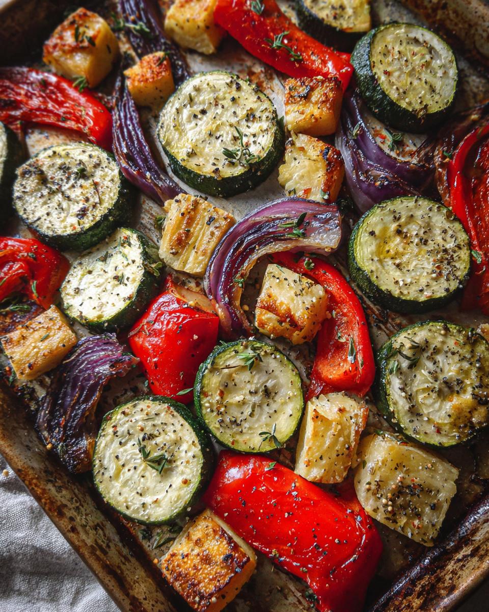 Verduras al horno incluyen calabacín, pimiento rojo, cebolla morada y raíces sazonadas con hierbas.