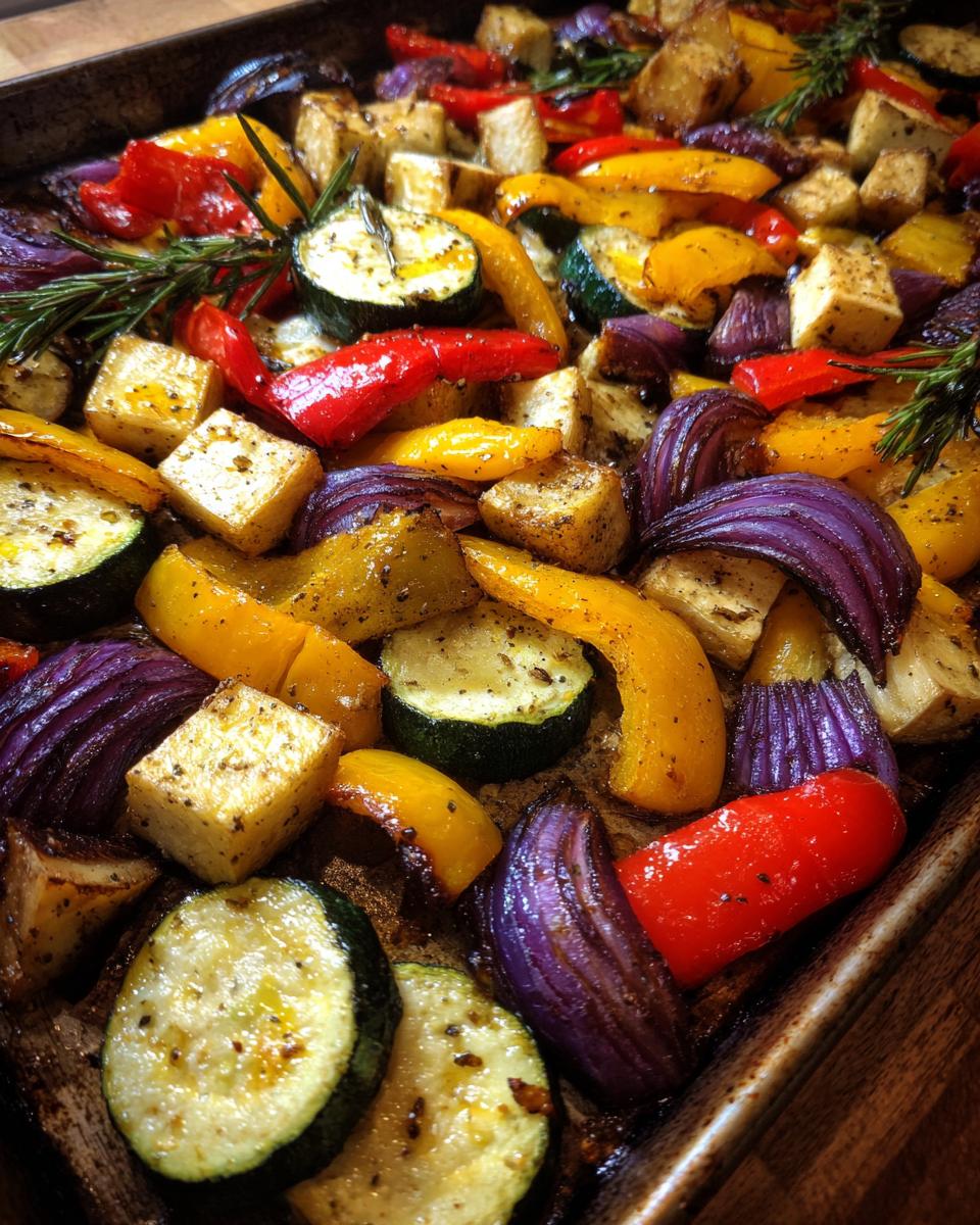 Verduras al horno con hierbas en una bandeja incluye calabacín, pimiento, cebolla y cubos de tofu