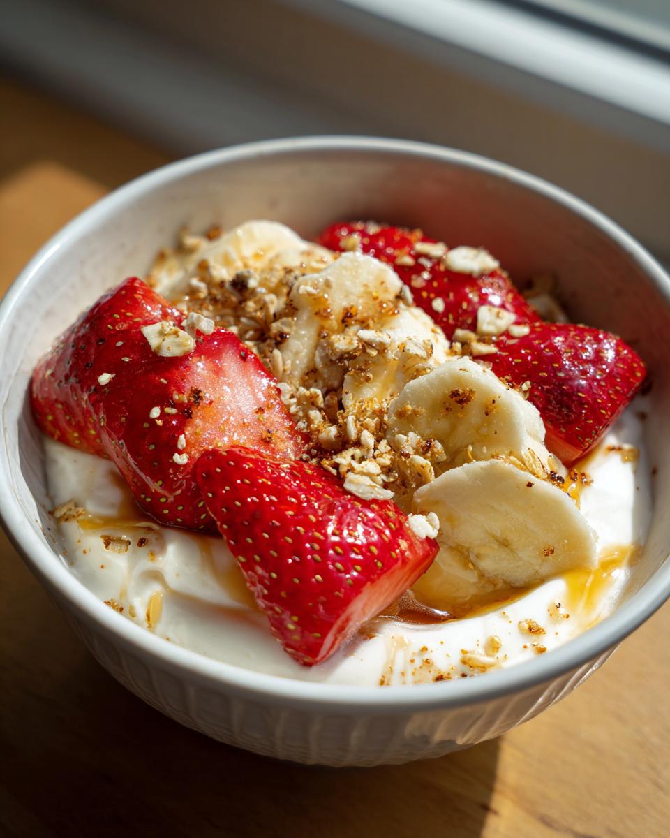 Tazón con yogur, fresas, plátano y granola, una opción de recetas de merienda saludable