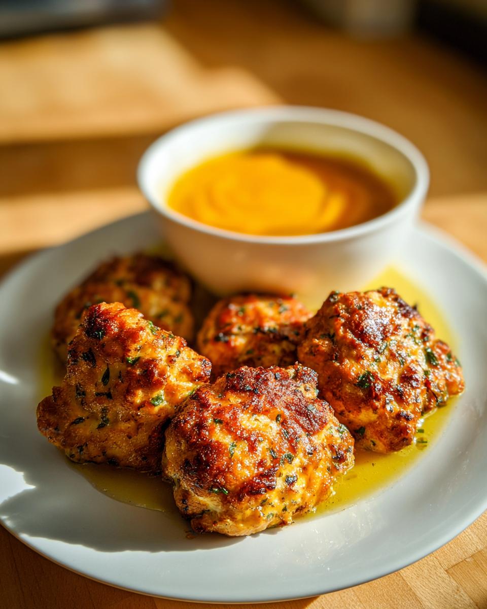 Albóndigas doradas servidas en plato blanco con salsa naranja, recetas familiares para el fin de semana