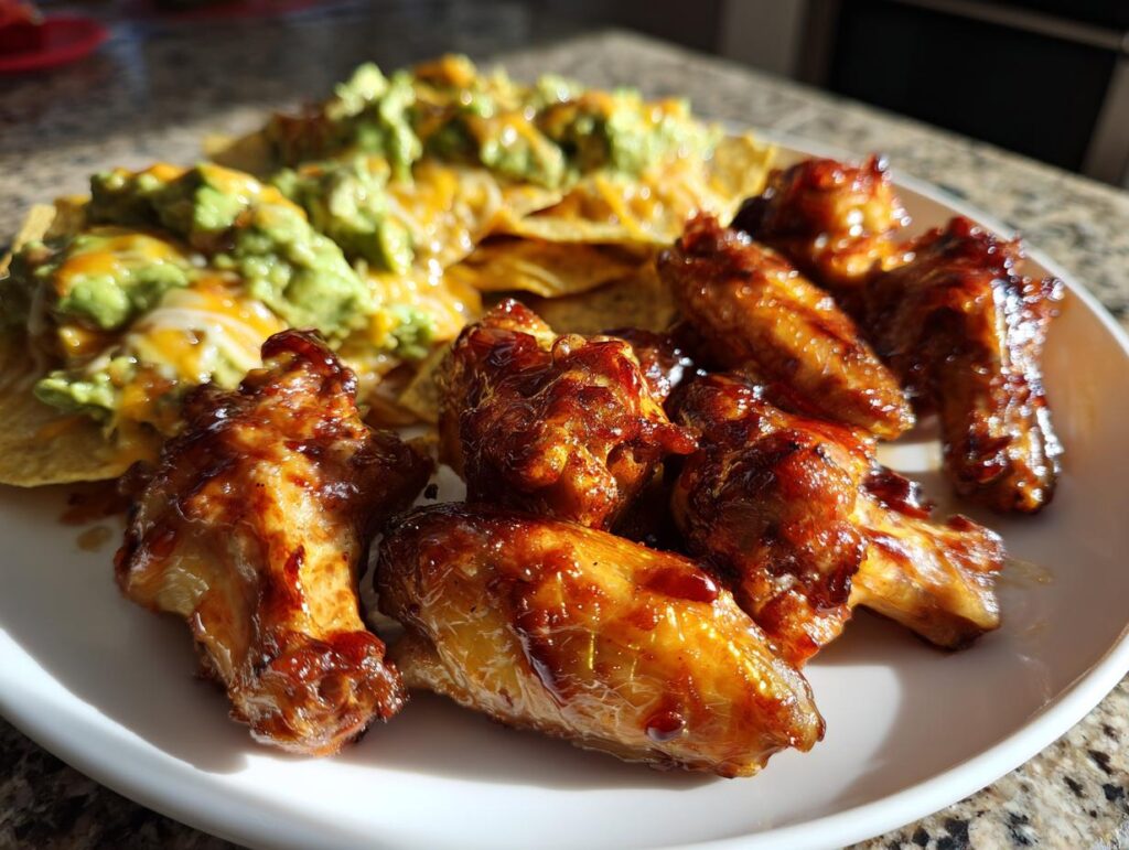 Plato con alitas BBQ y nachos con guacamole y queso, ideal para recetas de aperitivos para ver el futbol