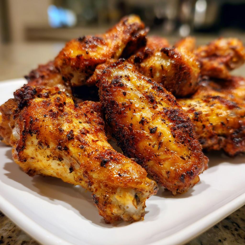 Alitas de pollo crujientes y doradas hechas en freidora de aire sobre plato blanco