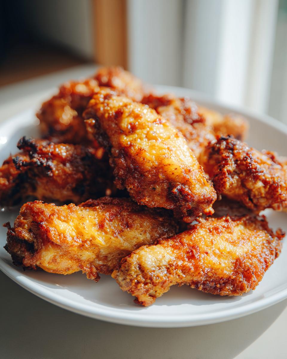 Plato con alitas de pollo crujientes y doradas hechas en freidora de aire