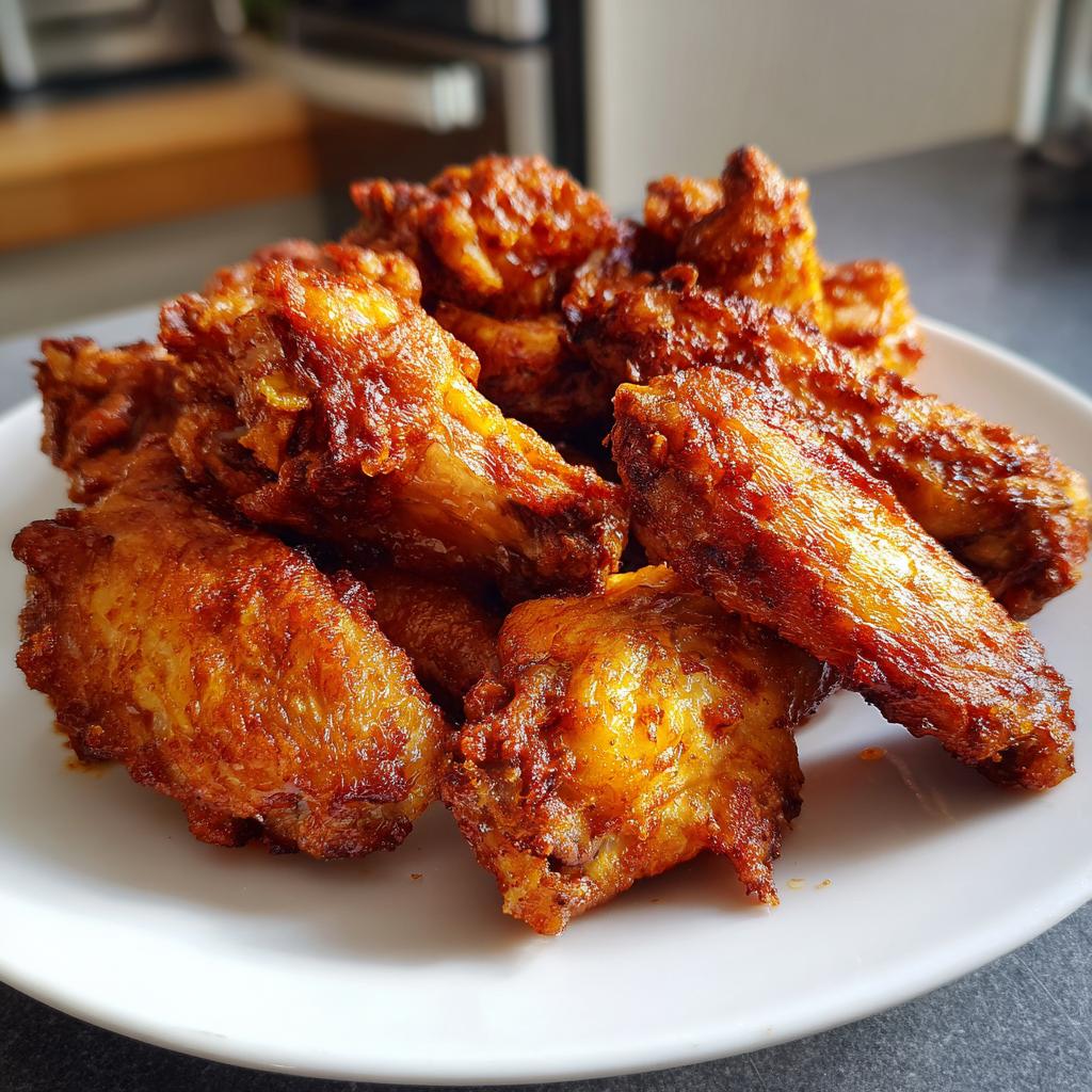 Plato con alitas de pollo crujientes y doradas hechas en freidora de aire