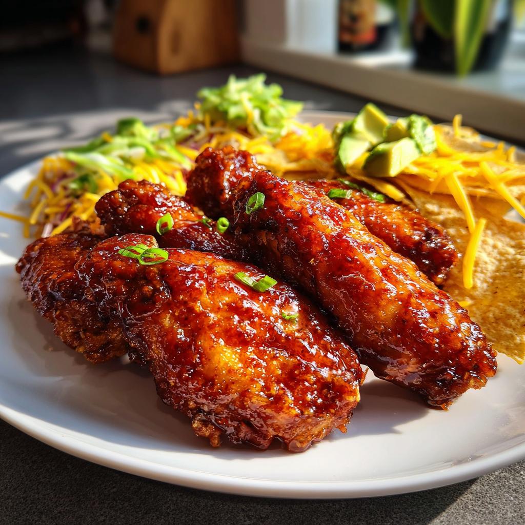 Alitas de pollo glaseadas con salsa acompañadas de guarnición de queso, aguacate y lechuga.