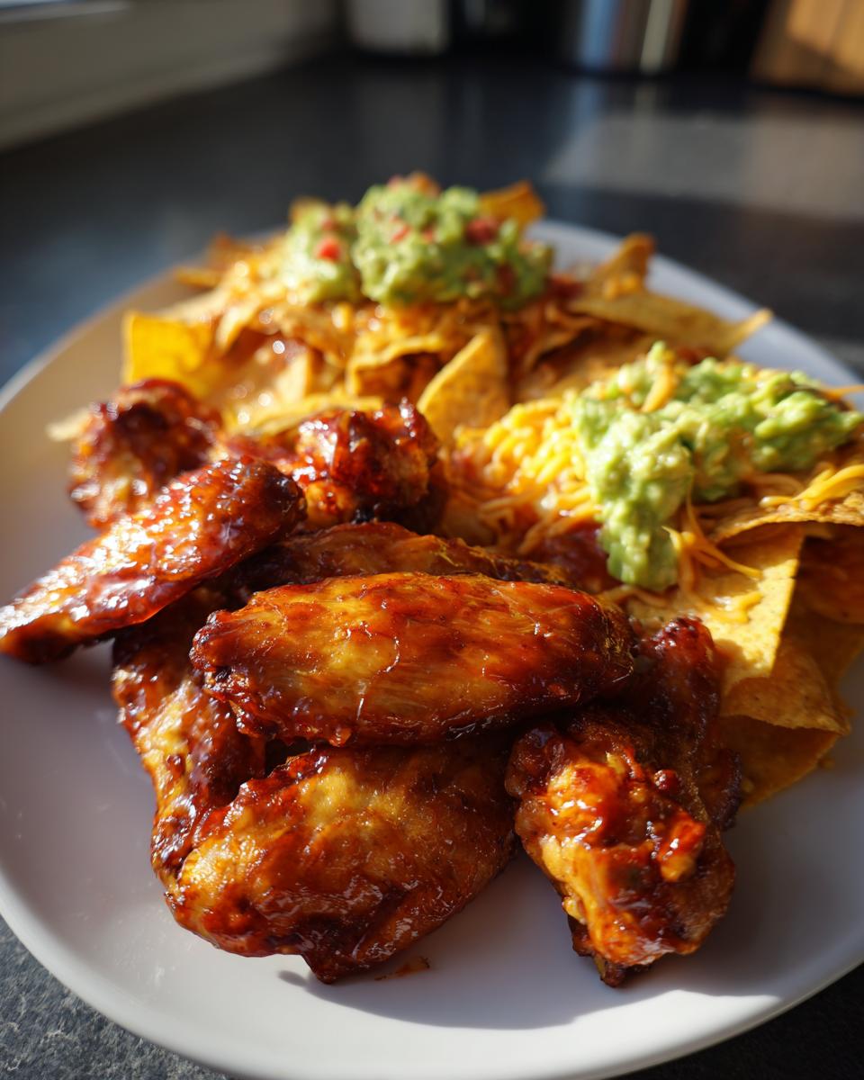 Plato con alitas de pollo glaseadas y nachos con guacamole y queso rallado.