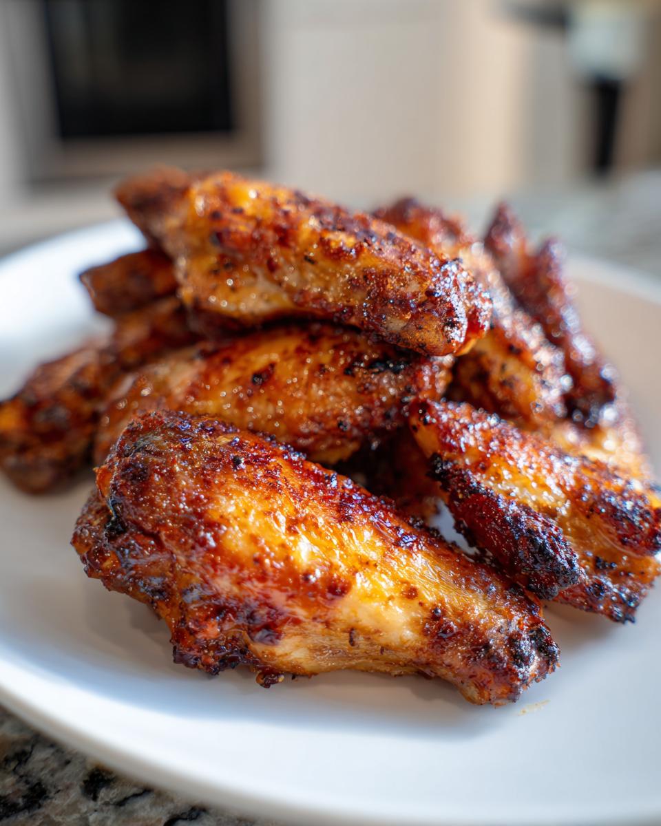 Alitas de pollo doradas y crujientes recién hechas en freidora de aire en un plato blanco.
