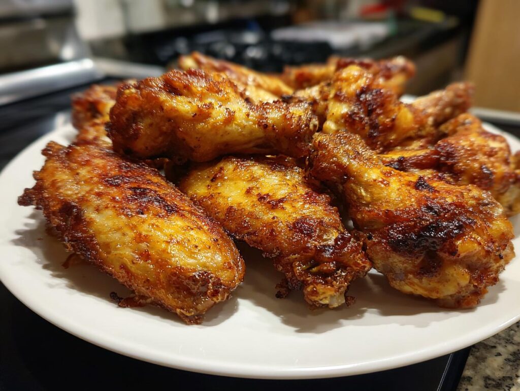 Plato con alitas de pollo doradas y crujientes hechas en recetas en freidora de aire faciles