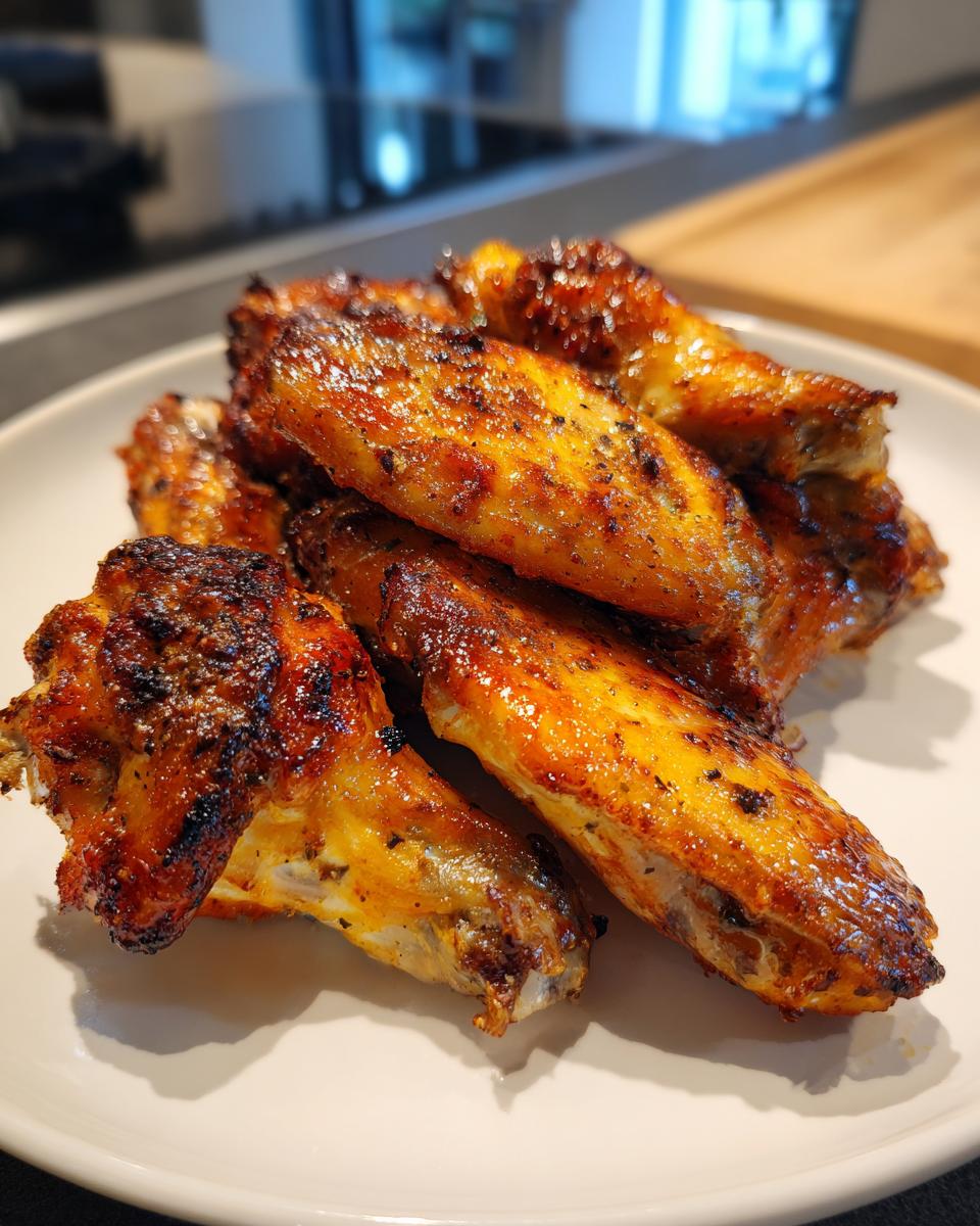 Alitas de pollo doradas y crujientes recién hechas en freidora de aire en un plato blanco.
